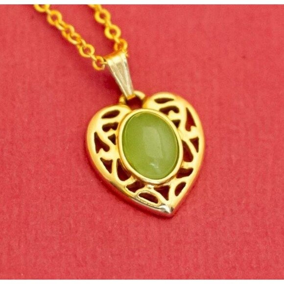 18 inch, Vintage Love Heart Abstract Green Oval Chain Link Necklace - F38 - Picture 1 of 3